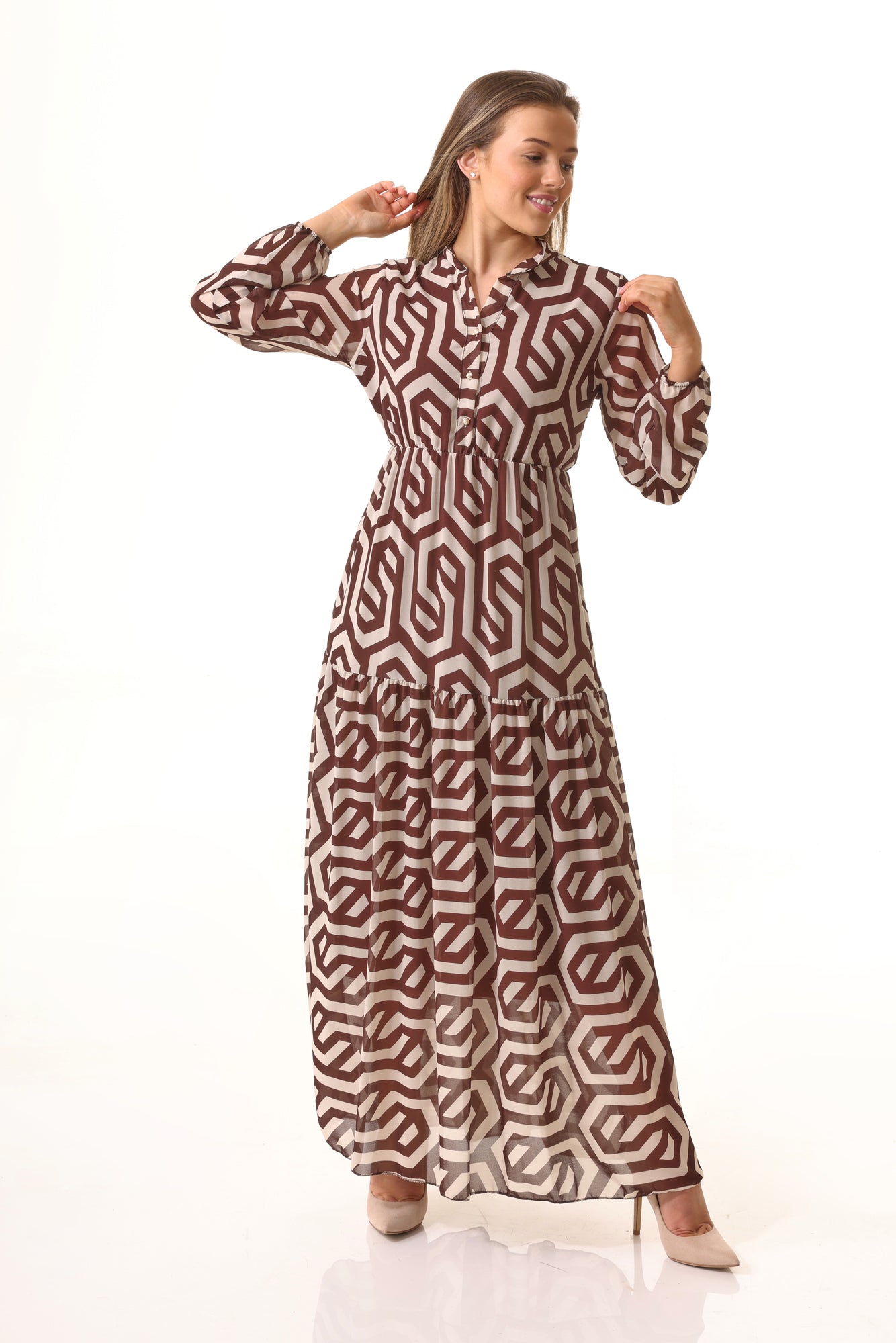 Abstract Line Tiered Dress Brown Wholesale