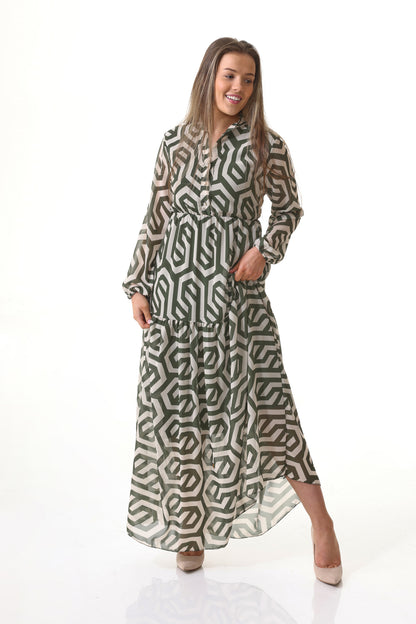 Abstract Line Tiered Dress Green Wholesale