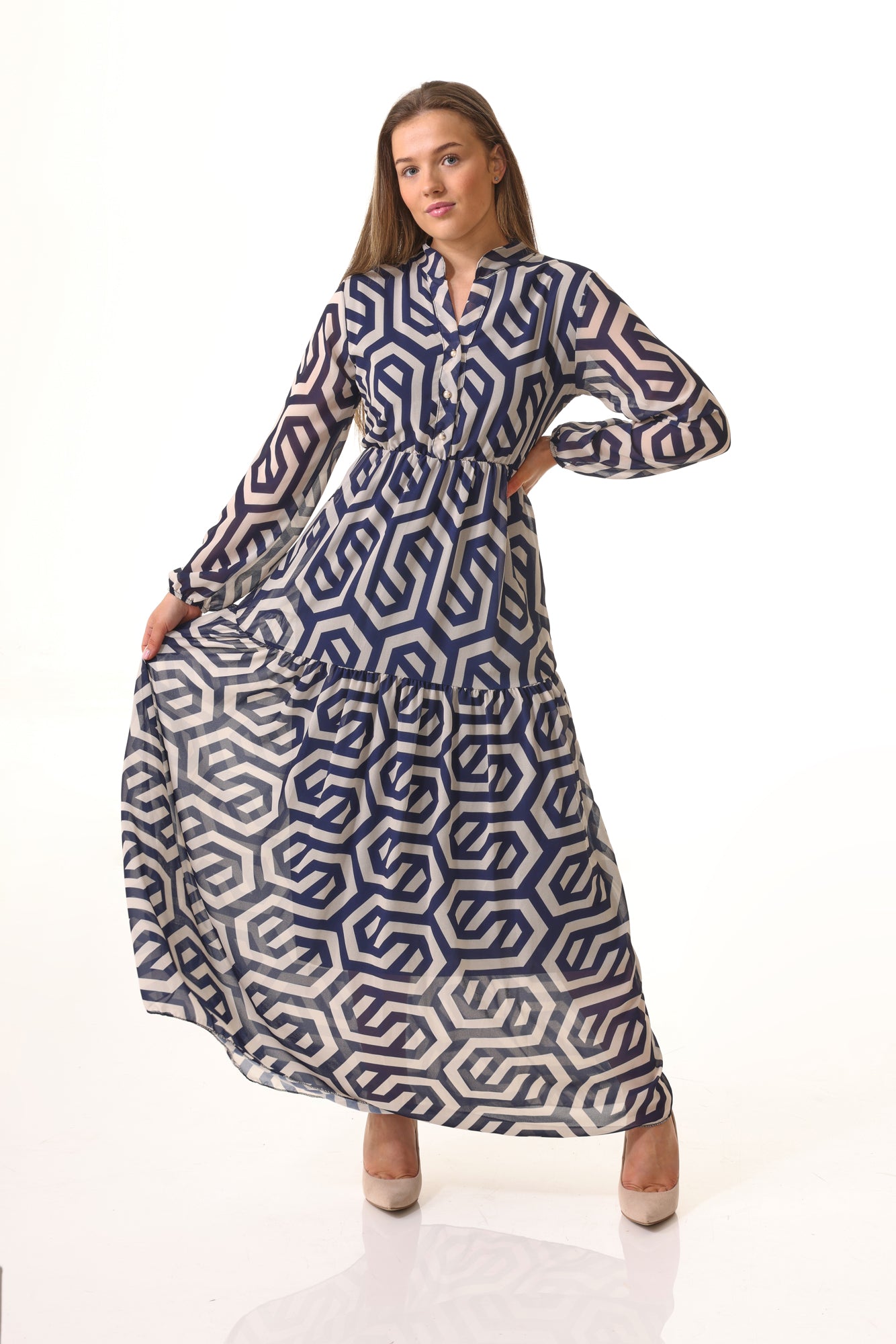 Abstract Line Tiered Dress Blue Wholesale