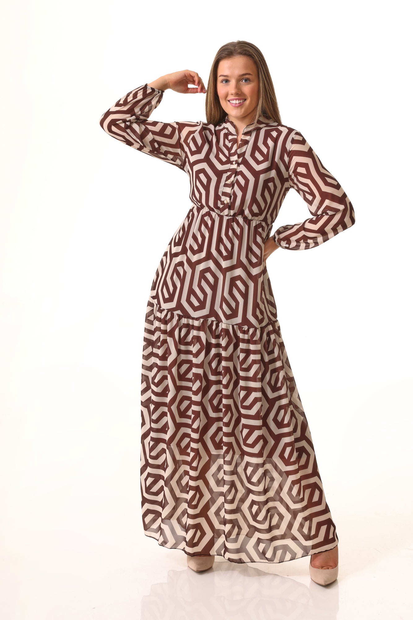 Abstract Line Tiered Dress Brown Wholesale