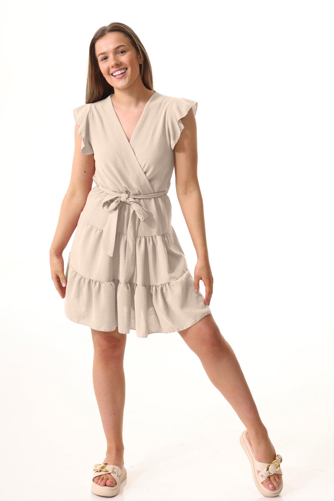 Tiered V Neck Dress Cream Womens Wholesale